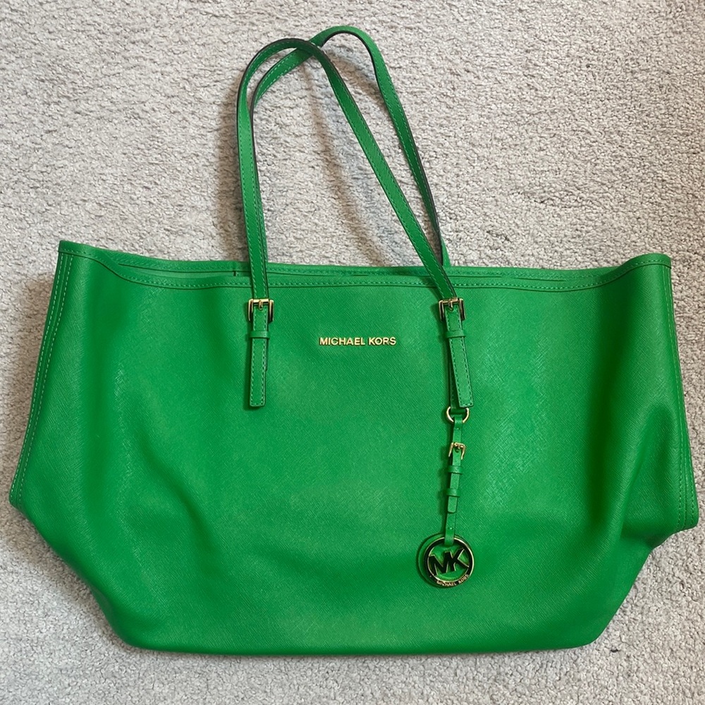 Michael Kors Green Structured Tote with Silver Hardware